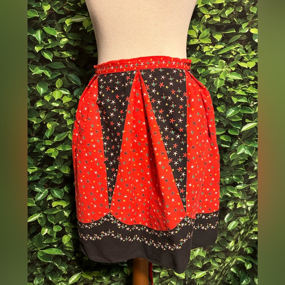 Vintage Christmas Half Apron 1950s Red Black Handmade